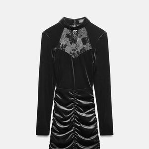 Zara Black Velvet Mini Dress with Lace Detail